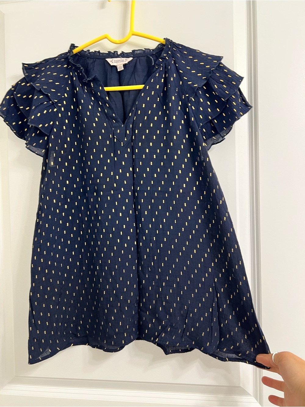 Nanette Lapore Medium Navy Gold Dot Ruffle Sleeve Blouse